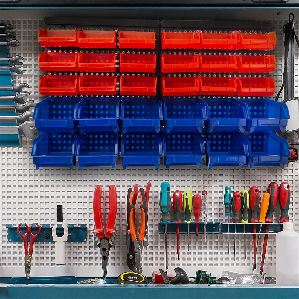 Wall Mounted Storage Bins 30-Bin Parts Rack Organizer Garage with Wall Panels Hooks Plastic Shop Tool for Screw Nails
