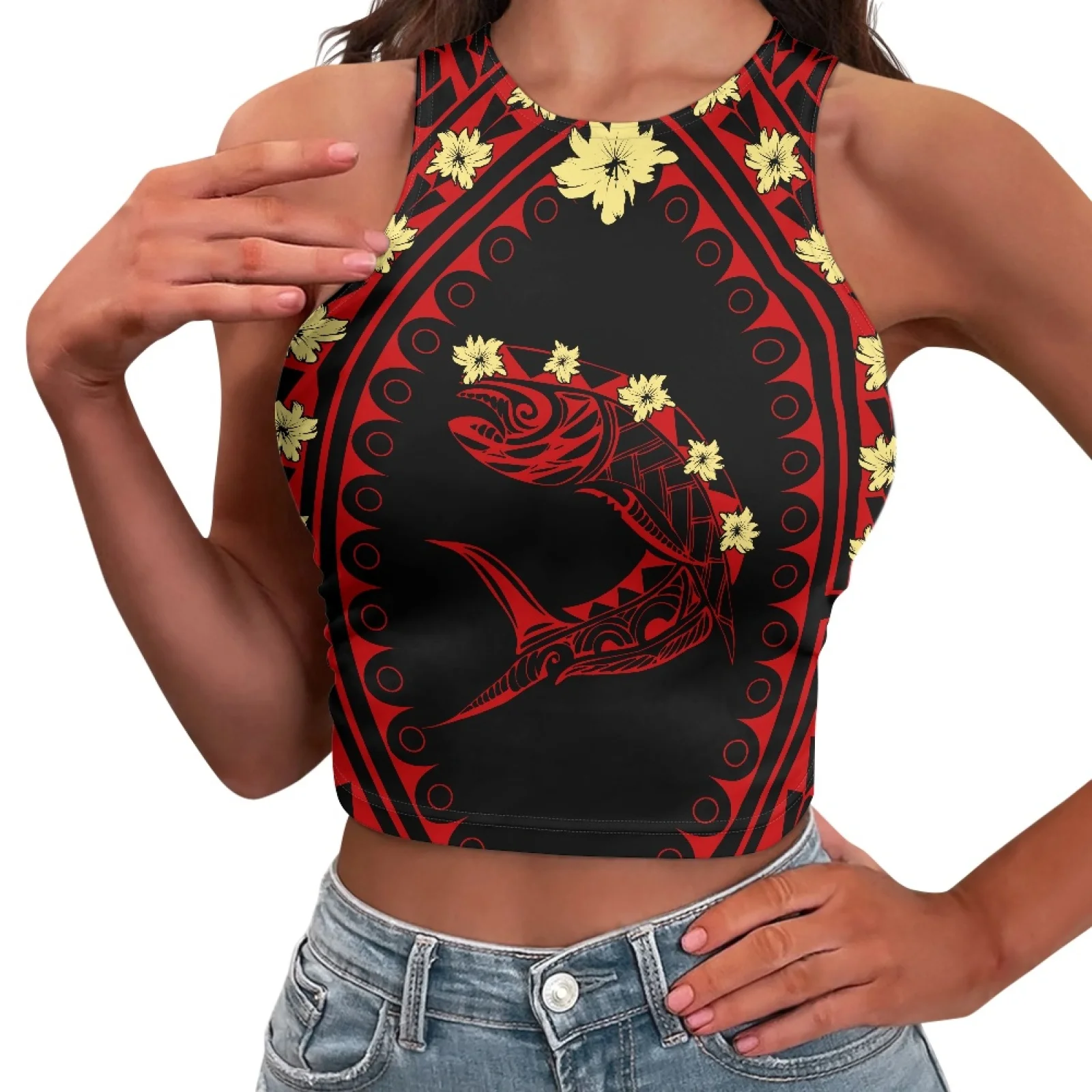 

Polynesian Tribal Fijian Totem Tattoo Fiji Prints Sharks Motifs Girls Sleeveless Sexy Tops Aesthetics Tops Short Navel Backless