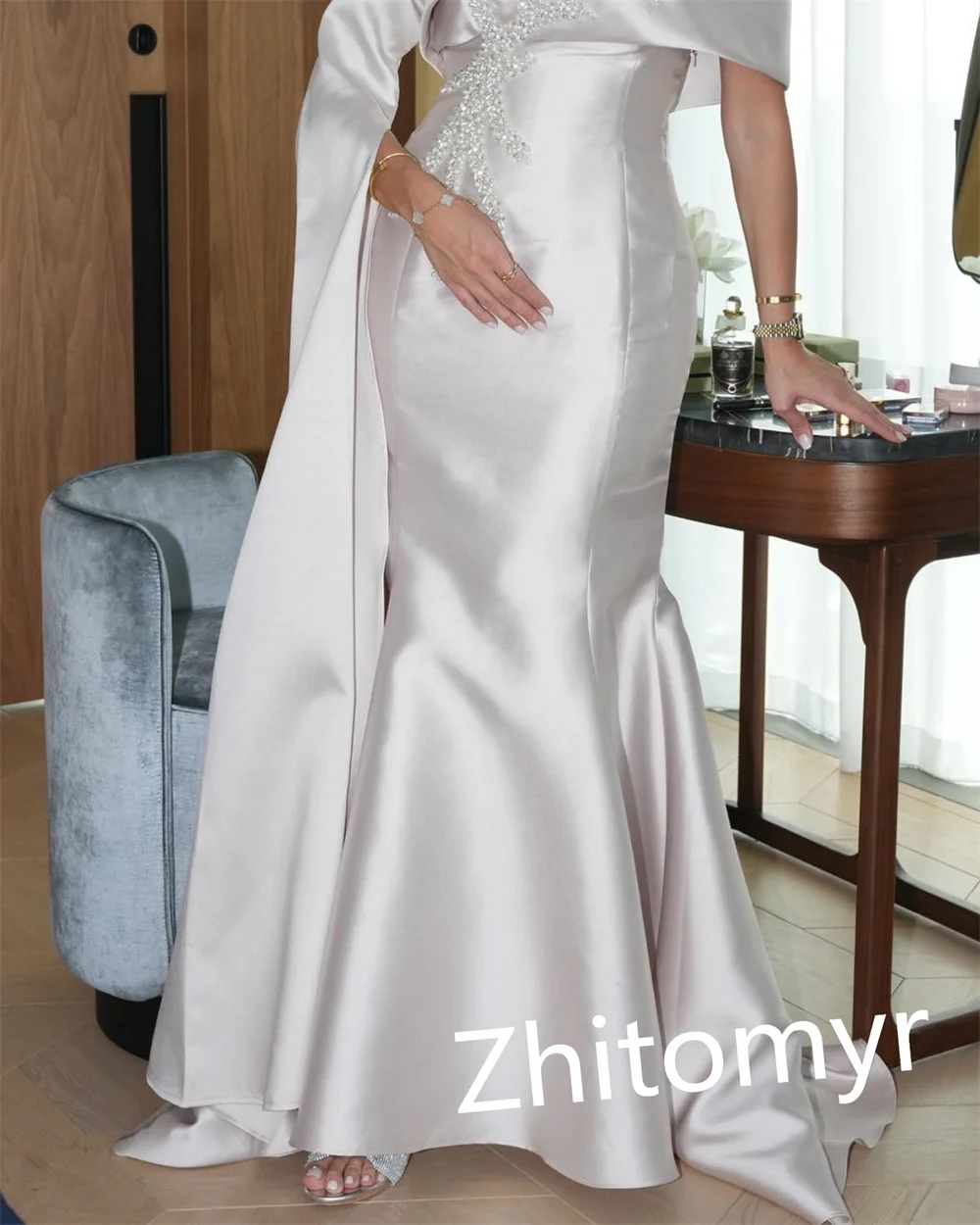 Simple Elegant Off-the-shoulder Mermaid Floor Length  Formal Ocassion Gown Beading Satin vestidos de ocasião formal