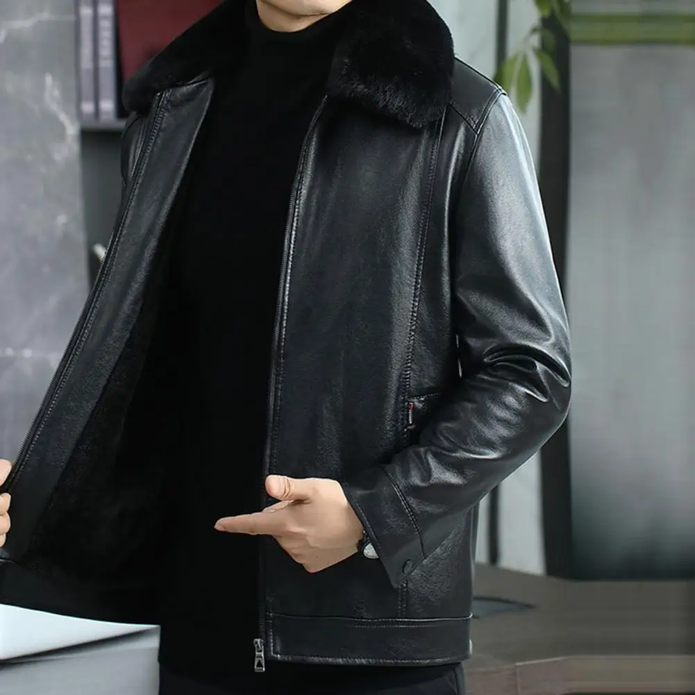

Furry Lapel Long Sleeve Jacket Stylish Men's Faux Leather Jacket with Plush Lining Warm Winter Coat for Business Casual Outfits