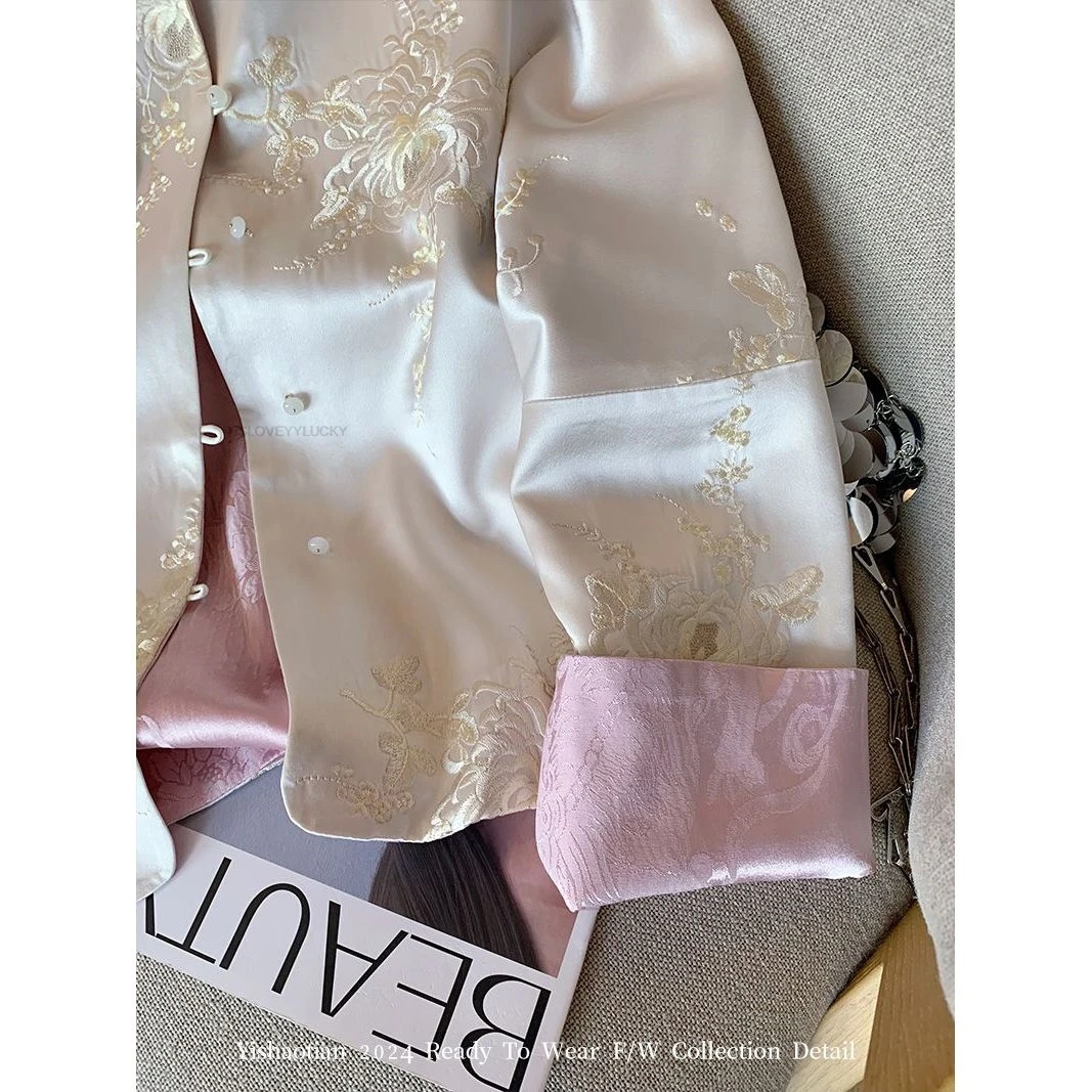 Chinese Style Tang Suit Top Embroidered Satin Stand Collar Jacket Women Spring Retro Zen Thin Top