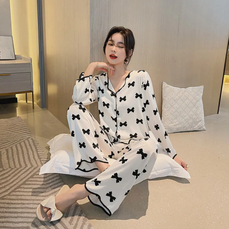 Women 2 Piece Pajamas Sets Bow Print Pijama Faux Silk Satin V-neck Pyjama Female Sleepwear Suit Long Sleeve Shirt Pants Homewear