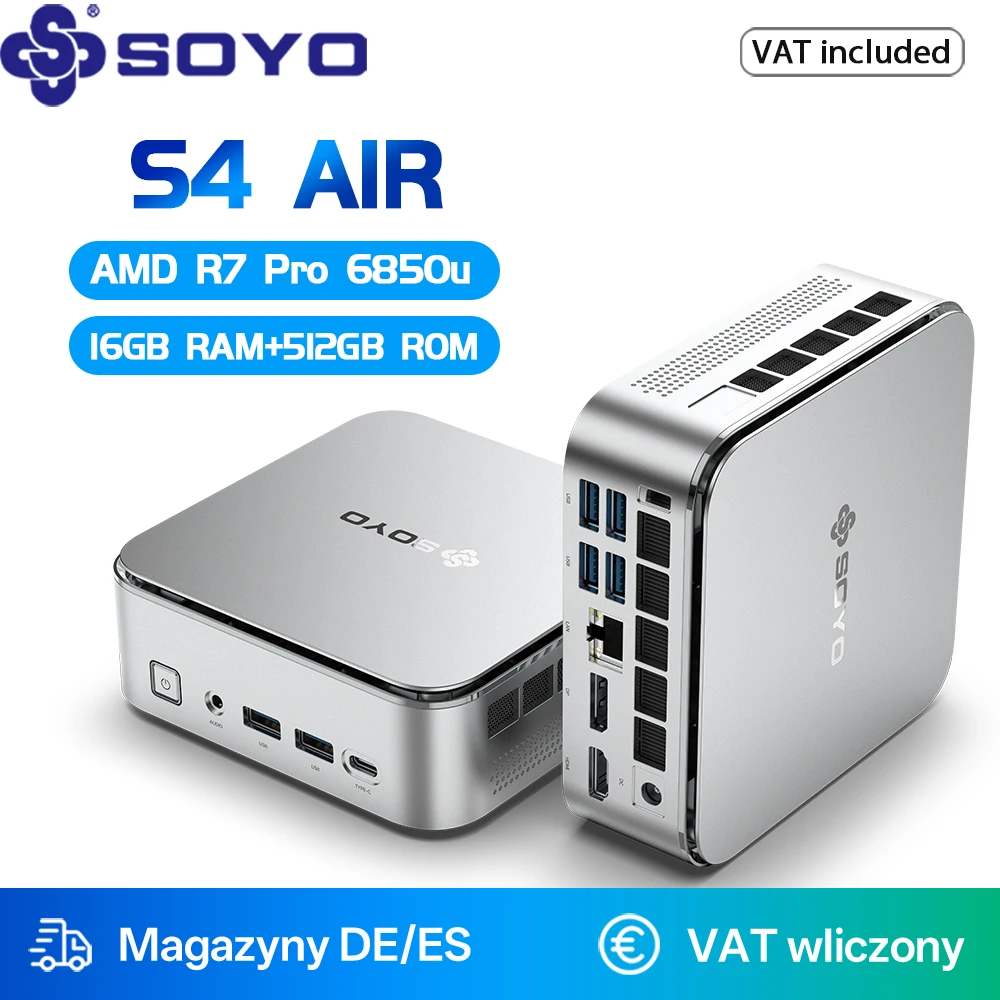 SOYO Air Mini PC gaming computer S4, AMD R7 6850U CPU 16GB DDR5 512GB SSD NVME PCIE3.0 Windows 11 Pro WiFi6 BT5.2 mini computer