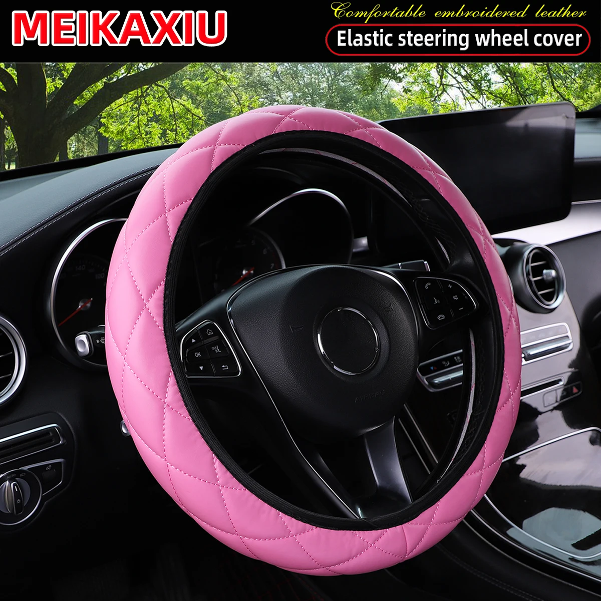 3D Embroidered Artificial Sheepskin PU Leather Steering Wheel Cover Rimless Universal Fit for 14.5-15 Inch Car Wheels
