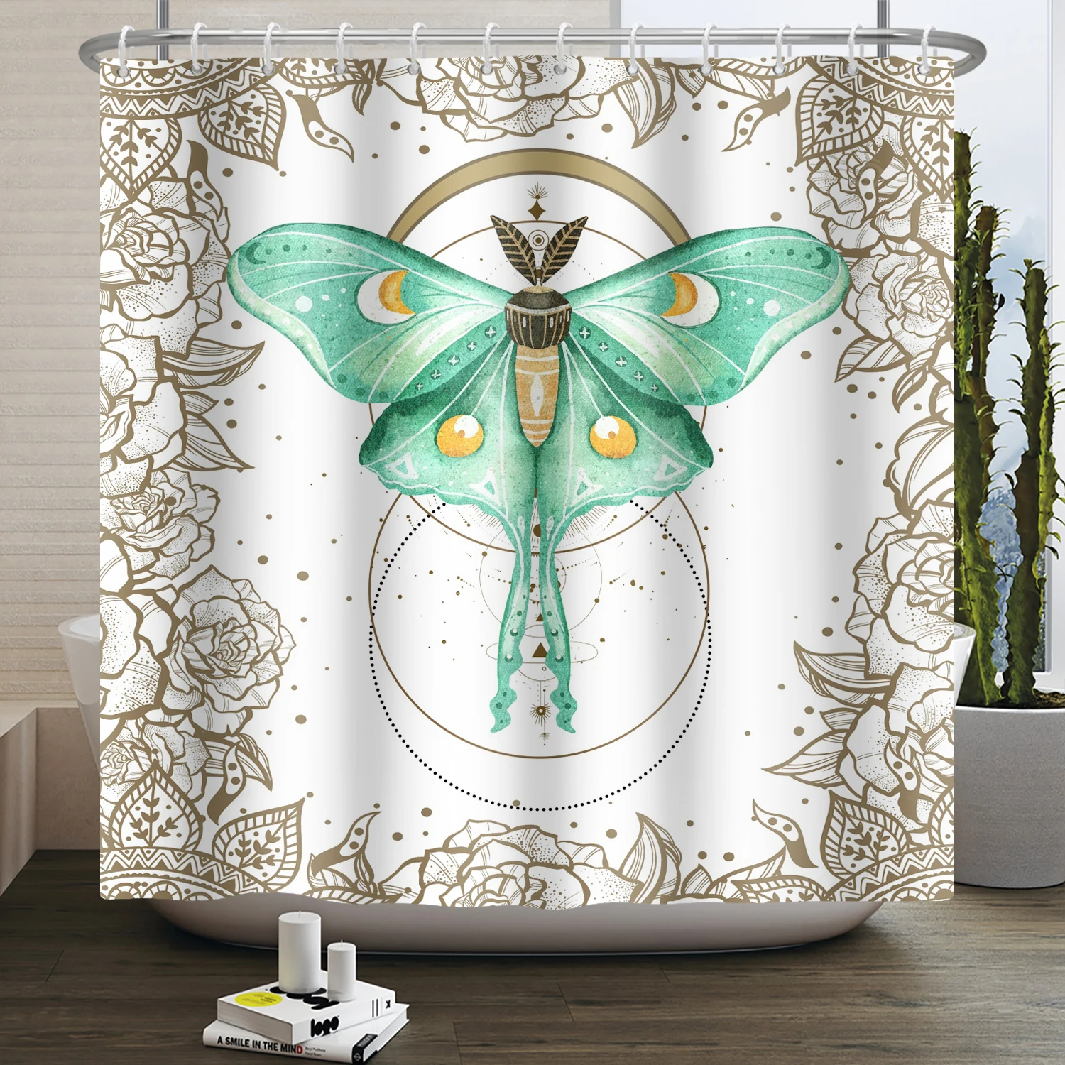Tenda Doccia 175x198 Cm - Design Fungo Bohémien Con Luna E Rana - Stile Anni 70 Con Foglie Verdi - Include 12 Ganci In Plastica - 2