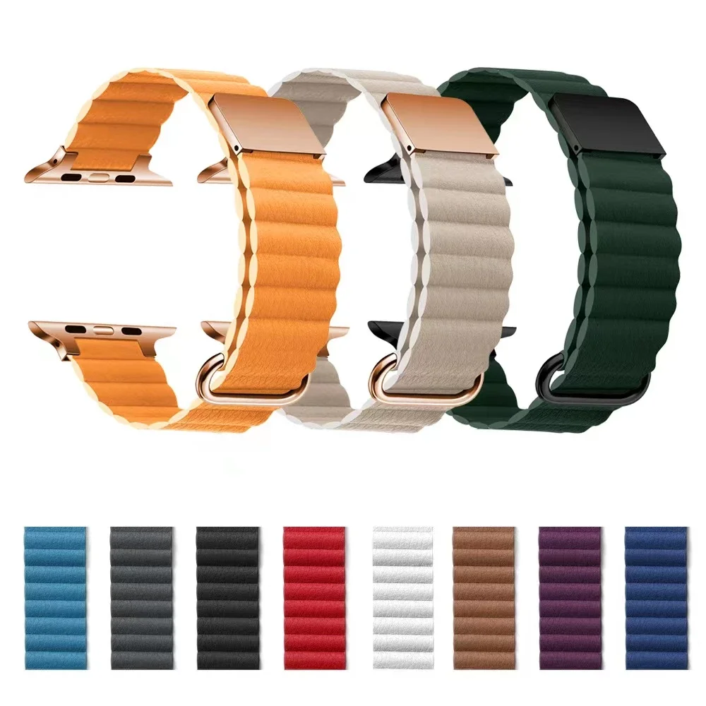Magnetic Loop Bracelet For Apple Watch 7 45mm 41mm Leather Metal Stainless Steel band For iWatch 6 5 4 3 SE 44mm 42mm 40mm 38mm