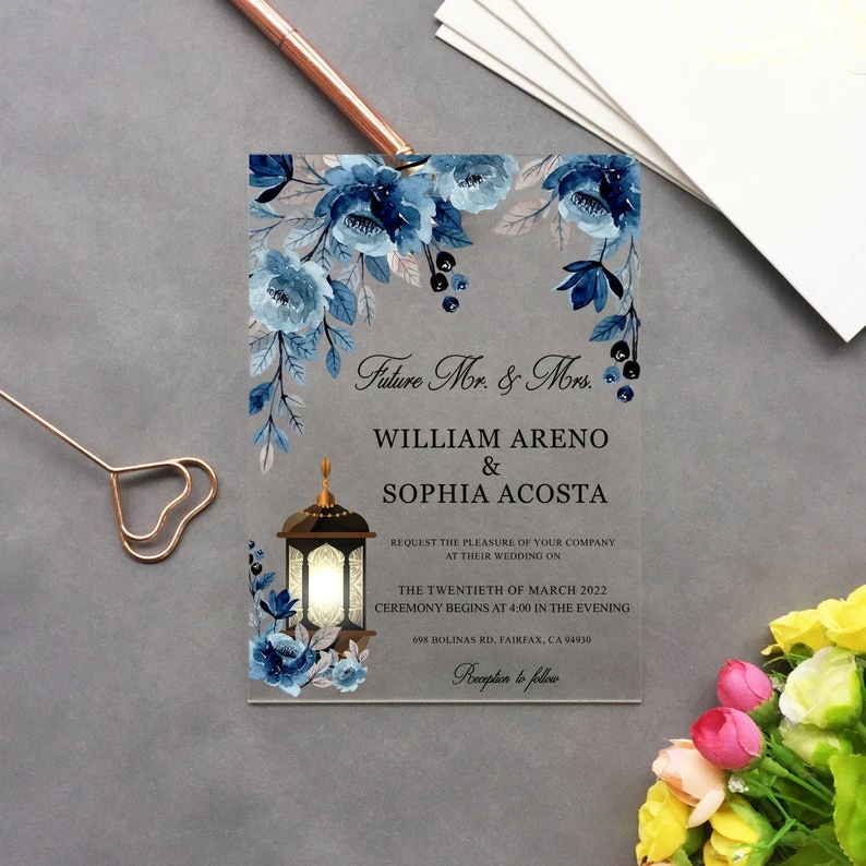 Blue /& Touch of Lilac Floral Translucent Invite Dusty Blue Acrylic Wedding Invitation