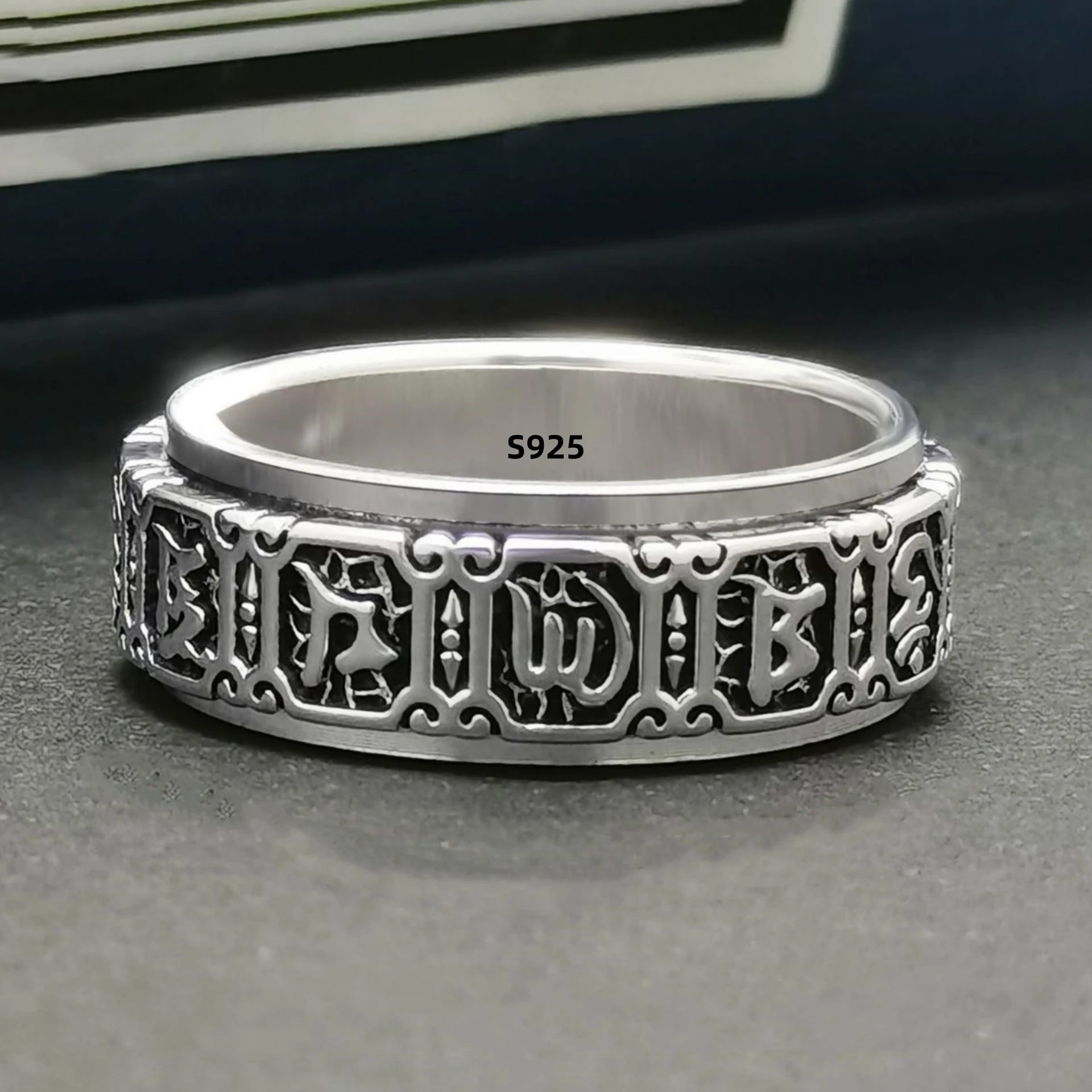 S925 Sterling Silver Sanskrit Mantra Rotating Men's Ring Literary