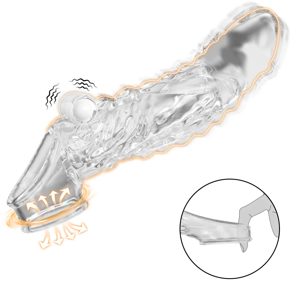 Reusable Penis Enlargement Vibrator Penis Extender Sleeve Sex Toys For Men Adult Delay Ejaculation Cock Ring Vibrator Condom