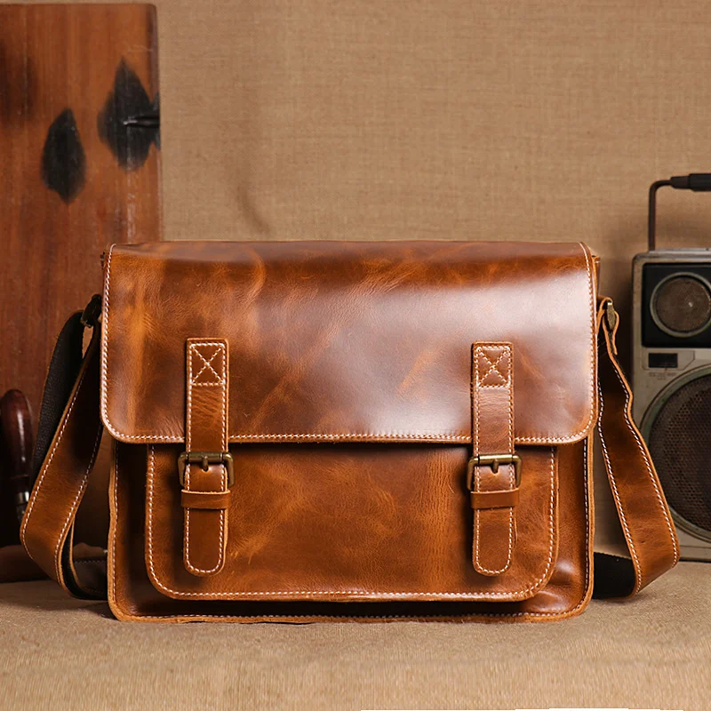 

Leather Crazy Horse Shoulder Messenger Bags Man Crossbody Satchel Men's Vintage Business Work 9.7" Ipad