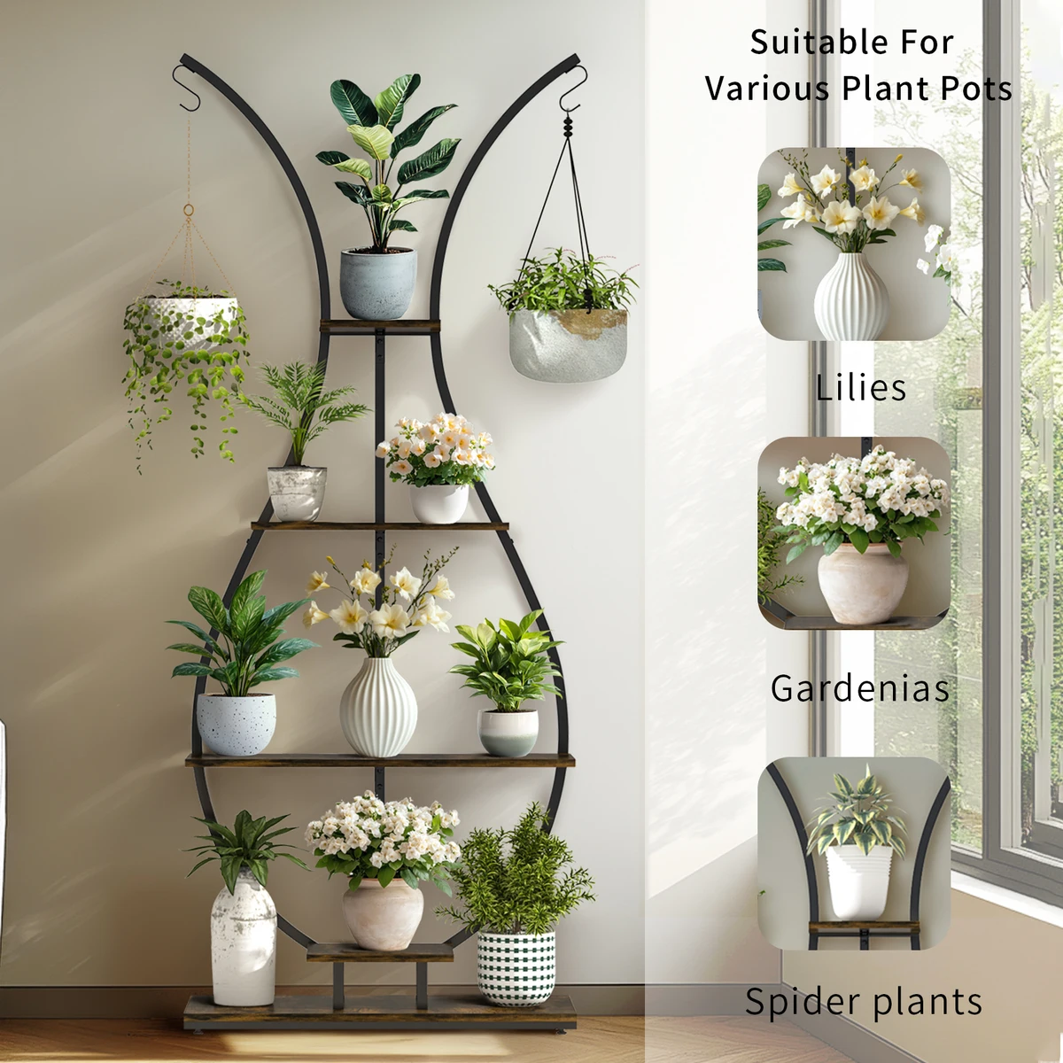 Vase Shape Tall Planter Display Rack Metal Garden Plant Stand with 5 Tiers and Hangers — view 4