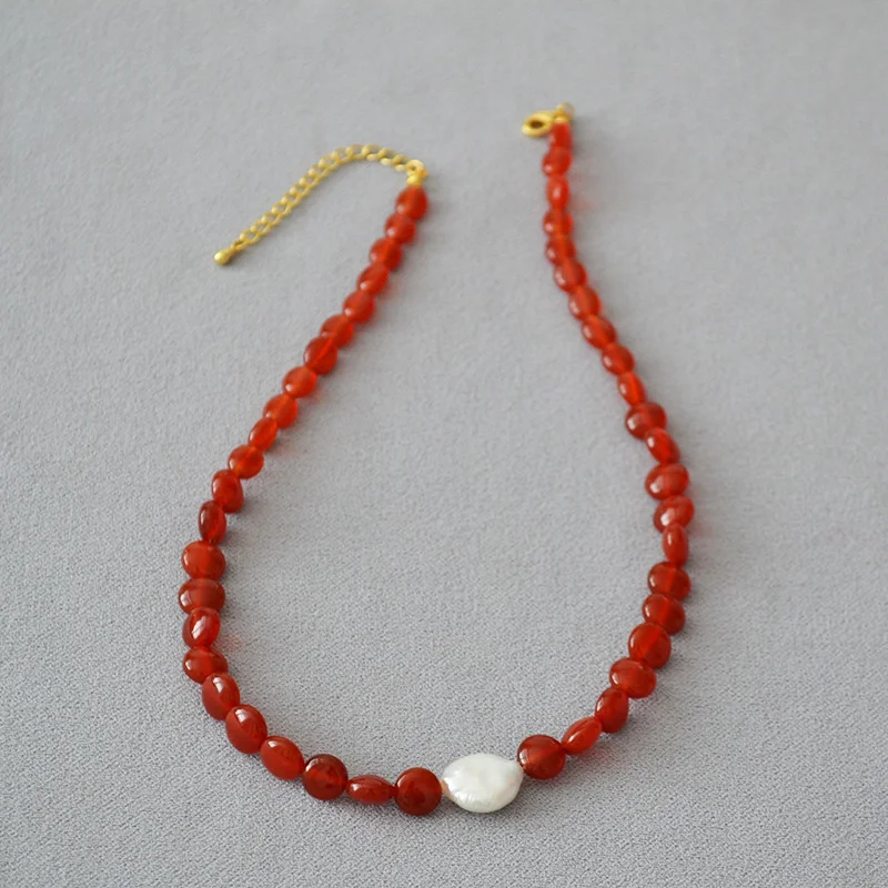 

Small Design Red Agate Real Stone Beads Baroque Pearl Palace Style Necklace Collar Chain Female