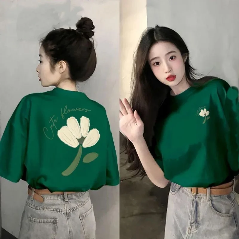 Heavyweight Pure Cotton Summer Short Sleeves T-shirt Printed Loose Niche College Style Youth All-Match Top 1