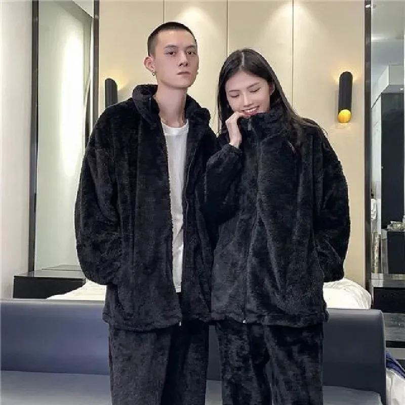 

Flannel Soft Pyjamas 2pcs/set Simple Warm Pyjama Winter Couple Thick Pajama Women 2023 Homewear Elastic Men's Fleece Sleep Waist