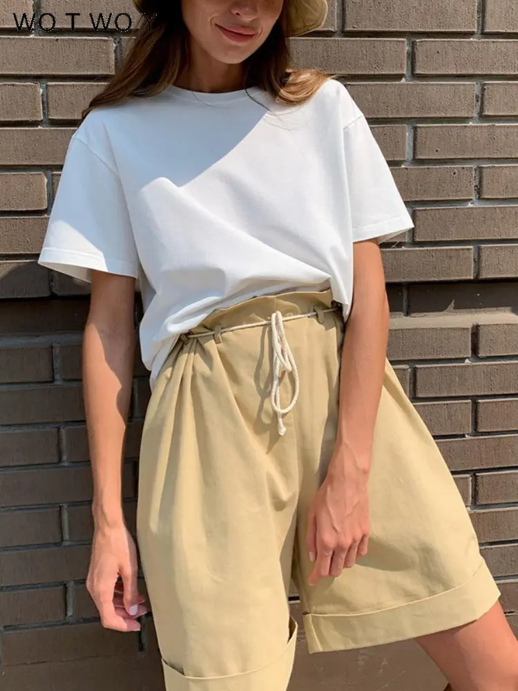 WOTWOY 100% Cotton Smmer T Shirt Women Casal Oversized T-shirt Female Loose Fit Basic Black White Tops Tee Shirt623_voghion.com