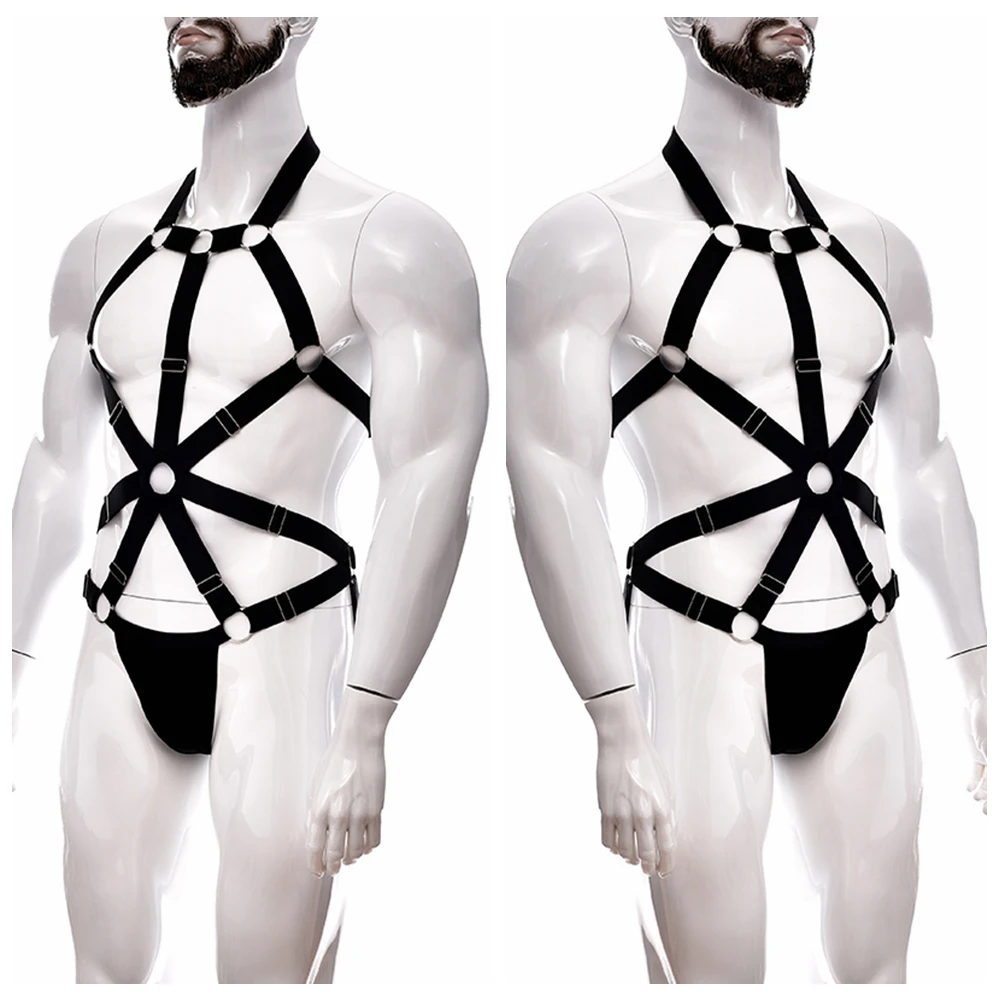 Mens Bondage Body Harness Clubwear Costume Mankini Body Regolabile Uomo Elastico Halter Neck Petto Jockstraps Pouch Mutandine