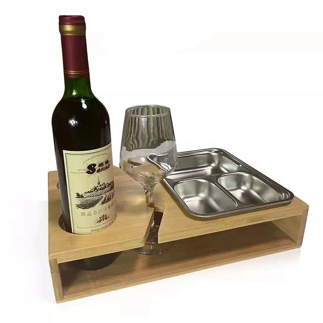 Bamboo Rustic Couch Snack Caddy,TV Tray Cup Holder with 2 Red Wine