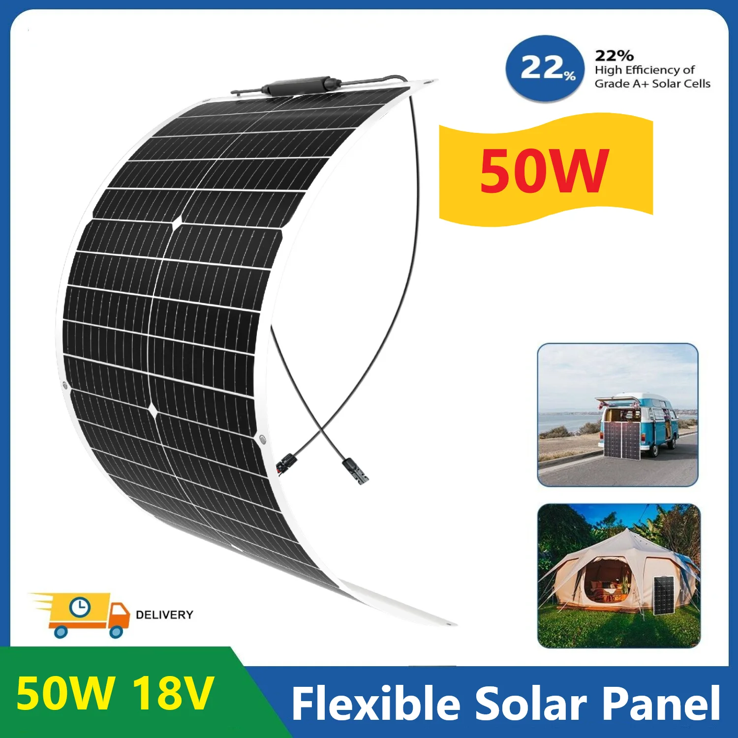 PowMr Flexible Solar Panel 50W PV Module Waterproof 18V Solar Cell Home Yard Outdoor Camping Trip Emergency Solar Power Supply