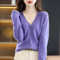 Cardigan pour femme Printemps Automne 2026, col en V, simple boutonnage, court, coupe ajustée, en maille unie, style coréen 4