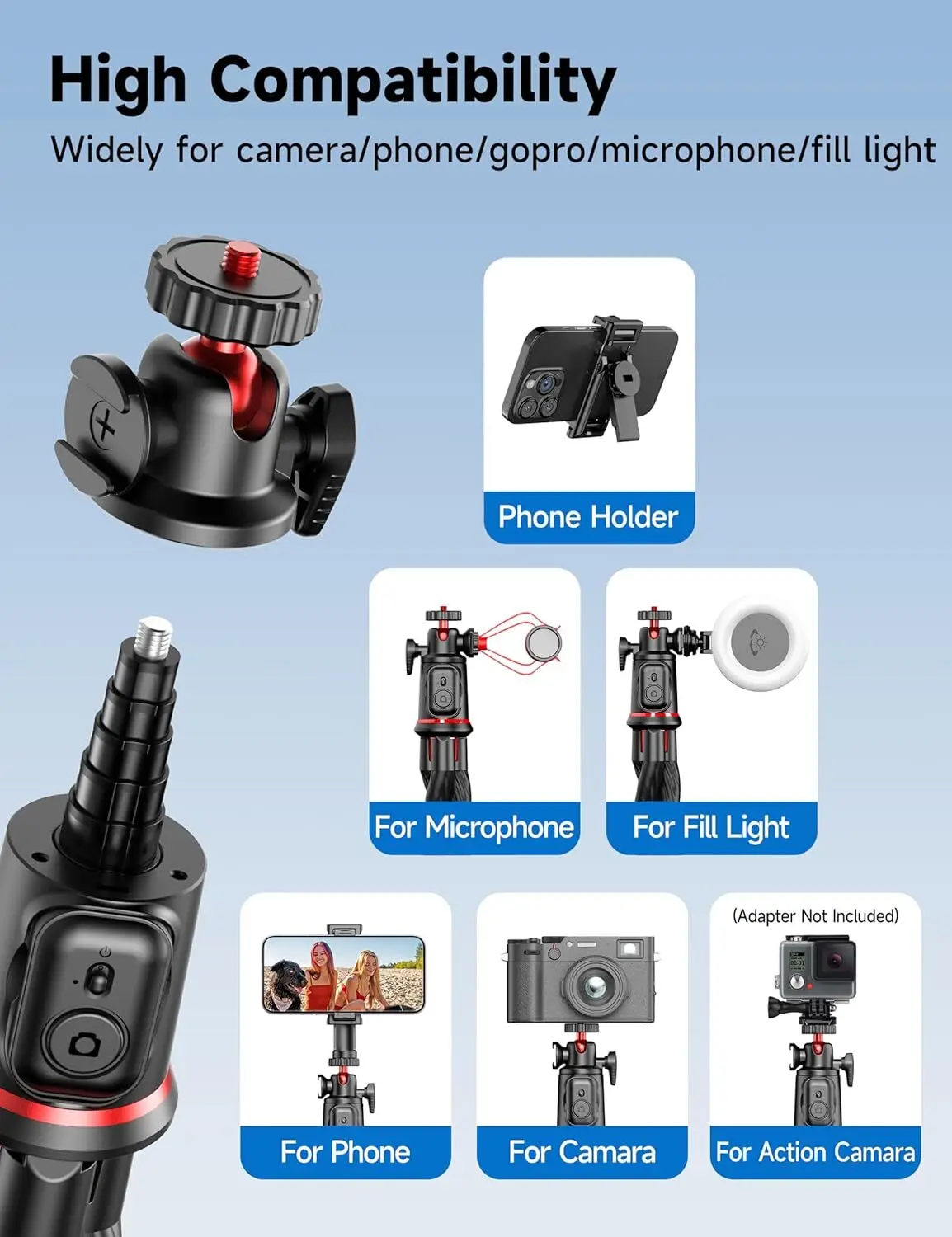 Selfieshow Flexible 360 Ball Head Portable Travel Tripod Cell Phone Stand Clip Selfie Stick Tripe for Live Streaming Vlogging 3