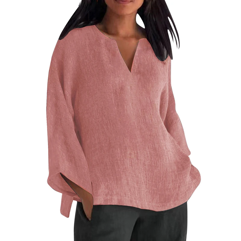 

Autumn and Winter Folk Vintage Chic Minimalist Harajuku T-shirt Women All Match Solid Color V Neck Long Sleeve Loose Casual Top