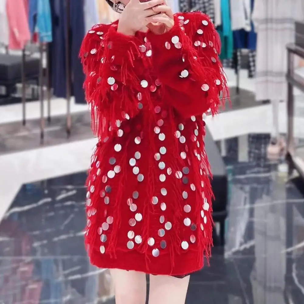 

Temperamental Tassels Sequined Red Sweater Women's Loose Pullover Jumpers 2024 Autumn and Winter New Knitwear