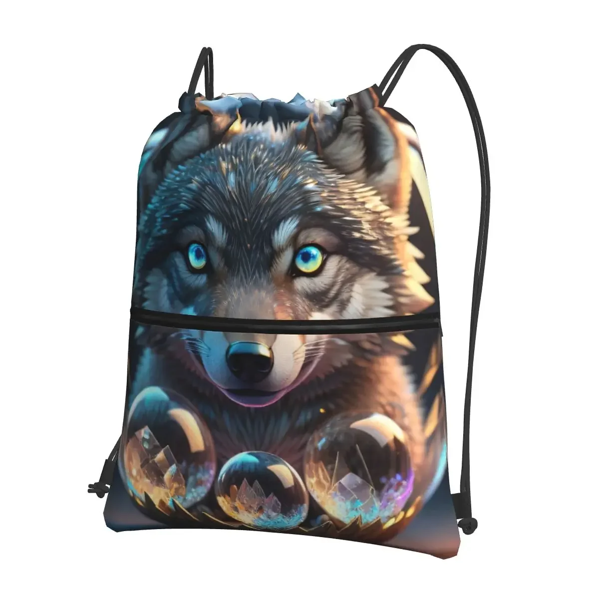 

Wolf In The Crystal Ball Portable Backpacks Drawstring Bag Fashion Drawstring Bundle Pocket Sundries Bags For School Students