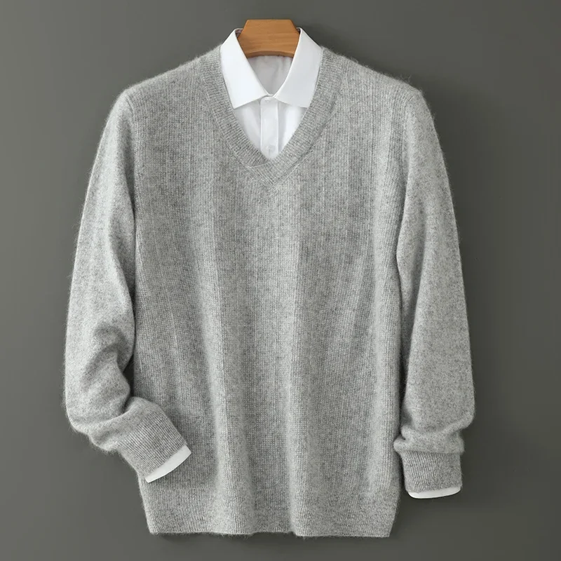 Men's V-neck Wool Sweater, Thick and Loose Pullover, Underlayer Knitted Sweater, Korean Version, Autumn and Winter 5
