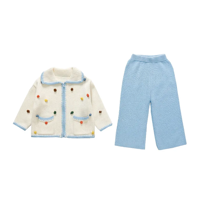 여아용 니트 지퍼 가디건 코트 및 루즈 팬츠, 용수철 가을 아동복 세트, 니트웨어, 패션, 2 벌