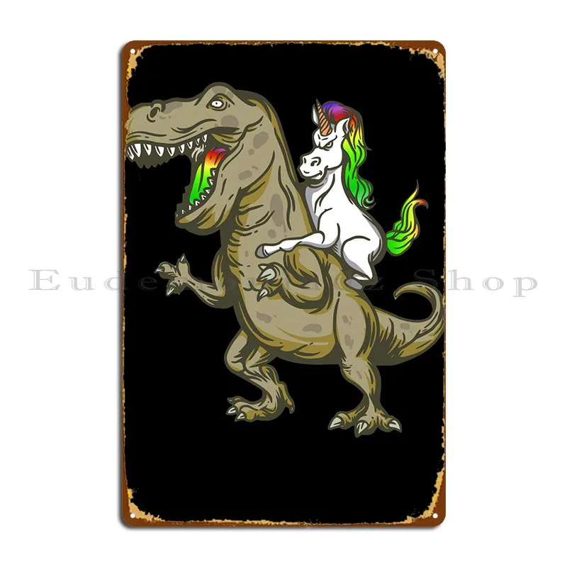 

Единорог езды T Rex металлический знак ржавый клуб дизайн создает фотоплакат