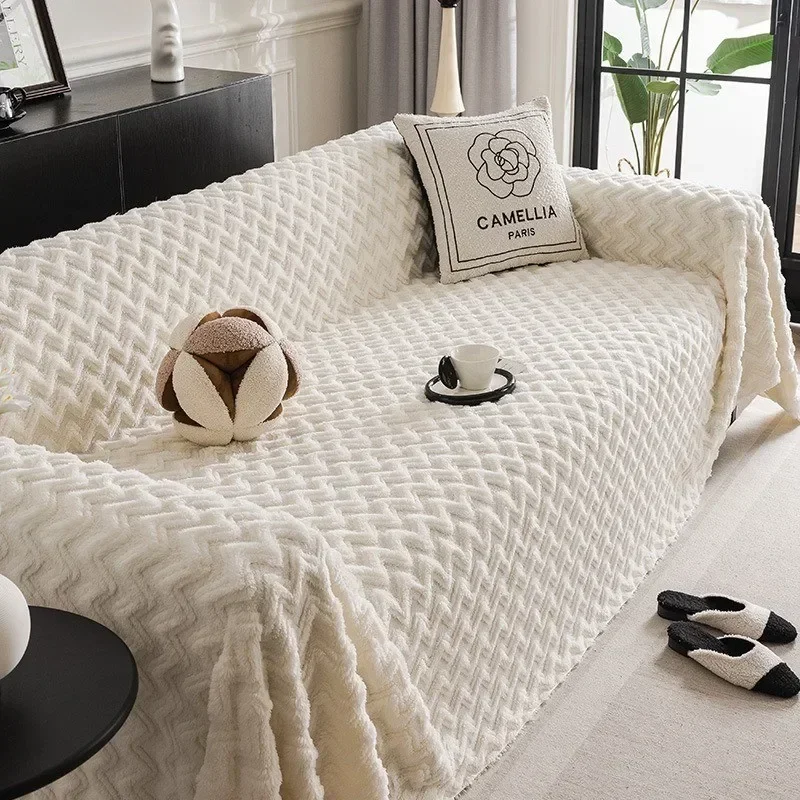 Solid Color Sofa Towel Winter Thick Plush Fully Covered Settee Cushion Home Living Room Decoration Soft Comfortable Lazy Blanket 3