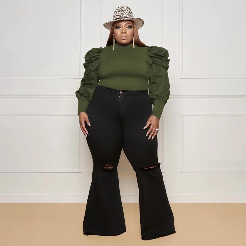 Plus Size Women Tops 2022 Autumn Puff Sleeve Shirt For Lady Fashion Solid Blouse Sexy Casual Crop Top Fall Clothes Wholesale