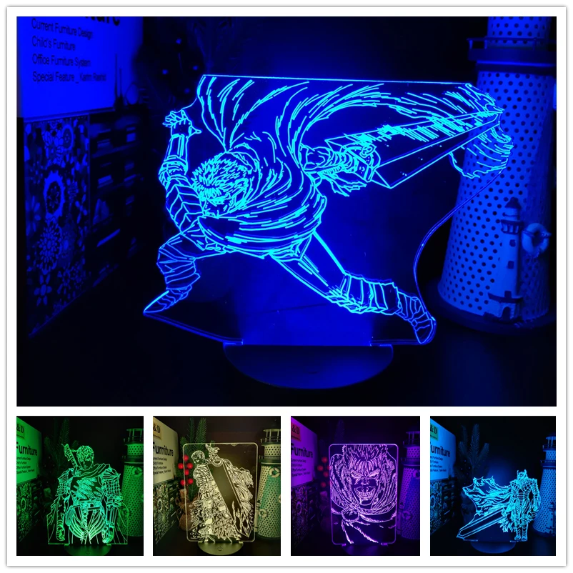 Berserk Guts 3D Acrylic Led Lamp Anime Illusion Night Light Colorful USB Table Lamp For Kids Bedroom Decor Lamparas Manga Gifts Night Lights