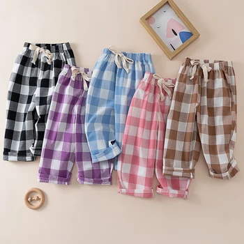 100% Cotton Kids Plaid Pants Summer Elastic Waist Casual Loose Trousers for Boys Girls Beach Daily Wear 1