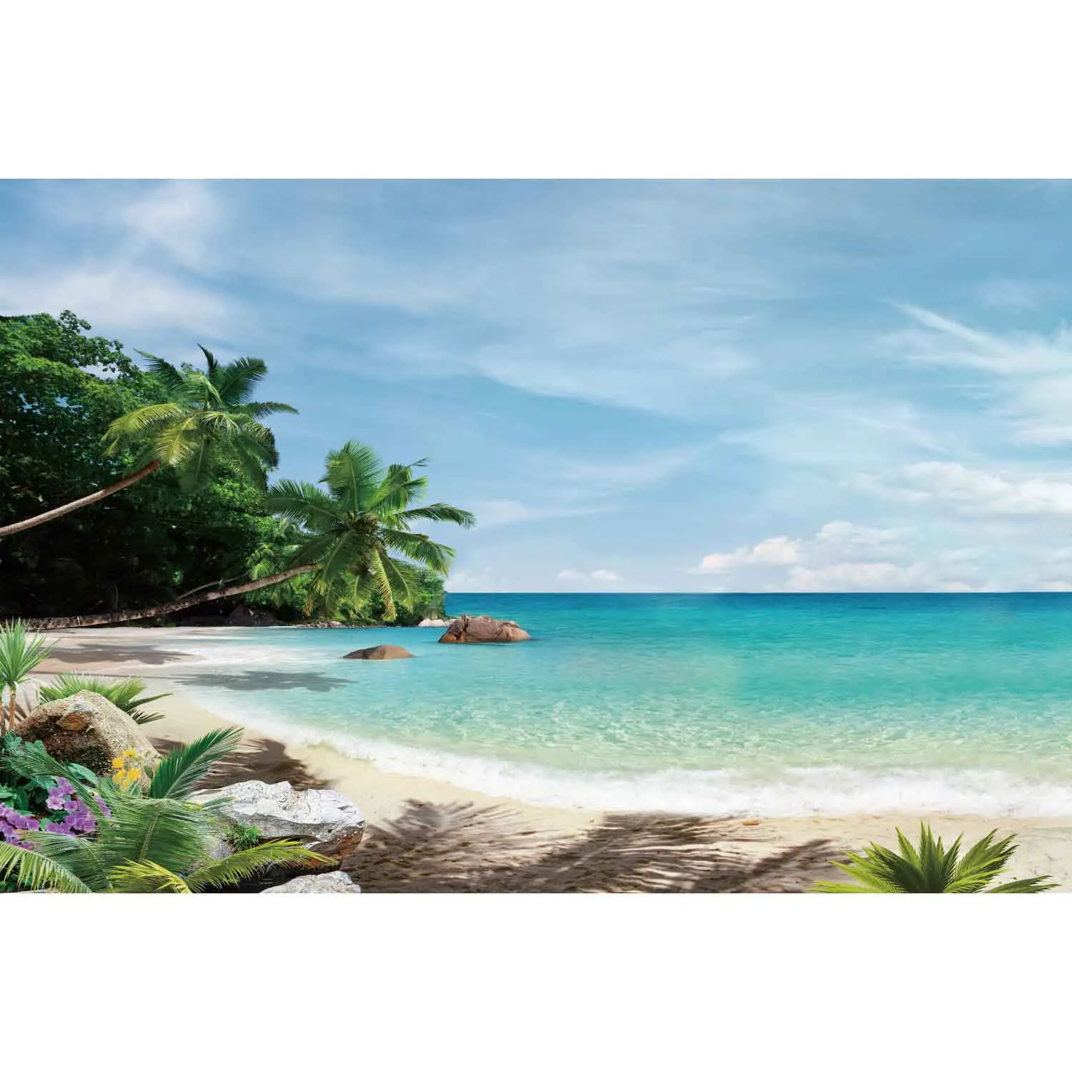 thumbnail image 1 of MOON.QG Fondo de fotografía de playa con puesta de sol en el océano azul, fondo de fotografía de verano tropical, palmera, ola, arena, barco, retrato, 1 of 5