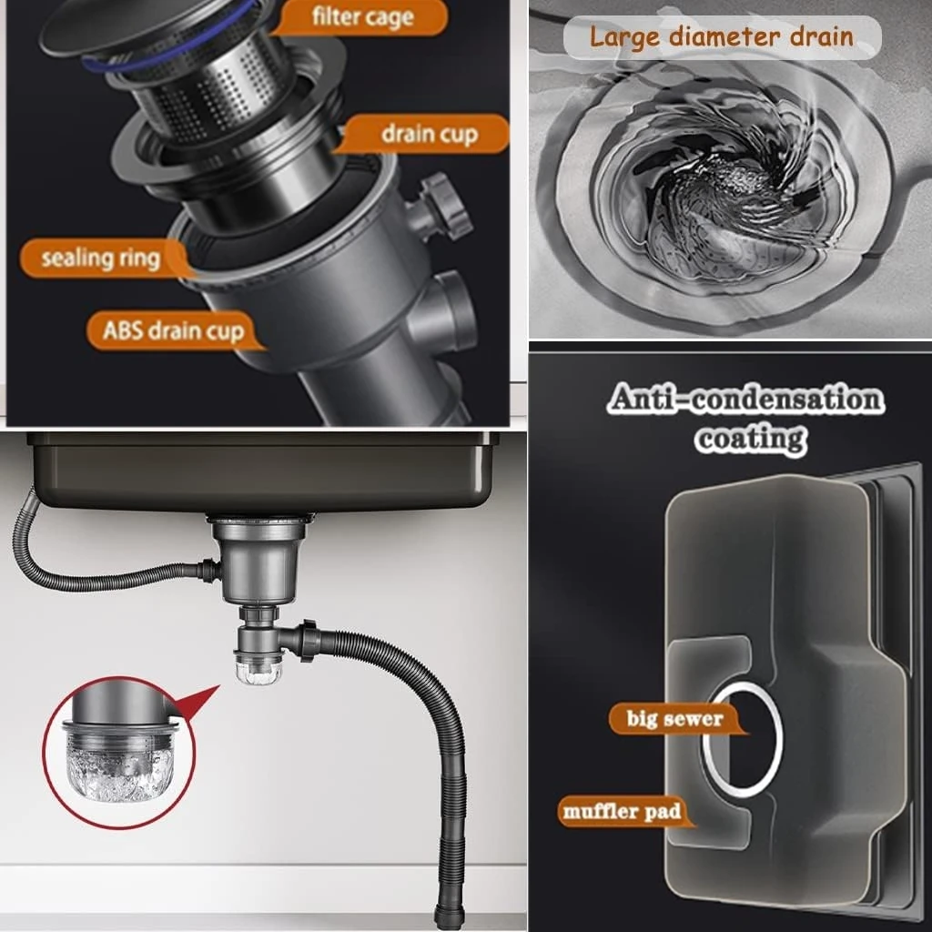 Kitchen Sinks Drop in Gray Japanese-Style Sink Single Bowl Sink with Hanging Basket, 304 Stainless Steel Workstation