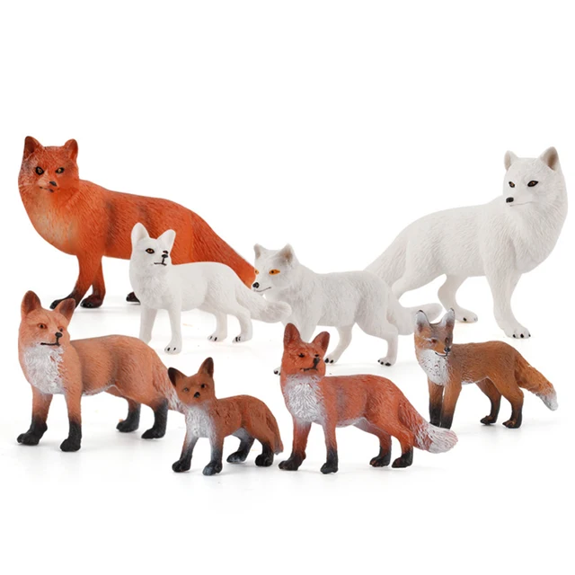 Unique realistic plastic models of red arctic fox figurines serving as fidget toys for kids and decorative items for home