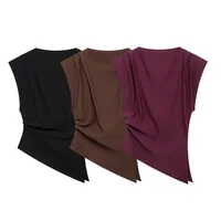 Willshela Women Fashion With Pad Solid Pleated Back Zipper Tank Tops Vintage O-Neck Sleeveless Female Chic Lady Tops