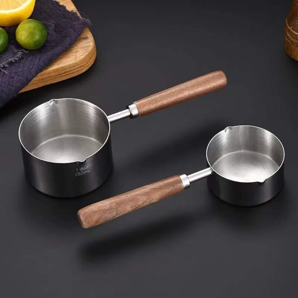 Wooden Handle Measuring Spoon 304 Stainless Steel Spout Small Sauce Chocolate Milk Pan with Scale Oil Pot for Kitchen Cookware