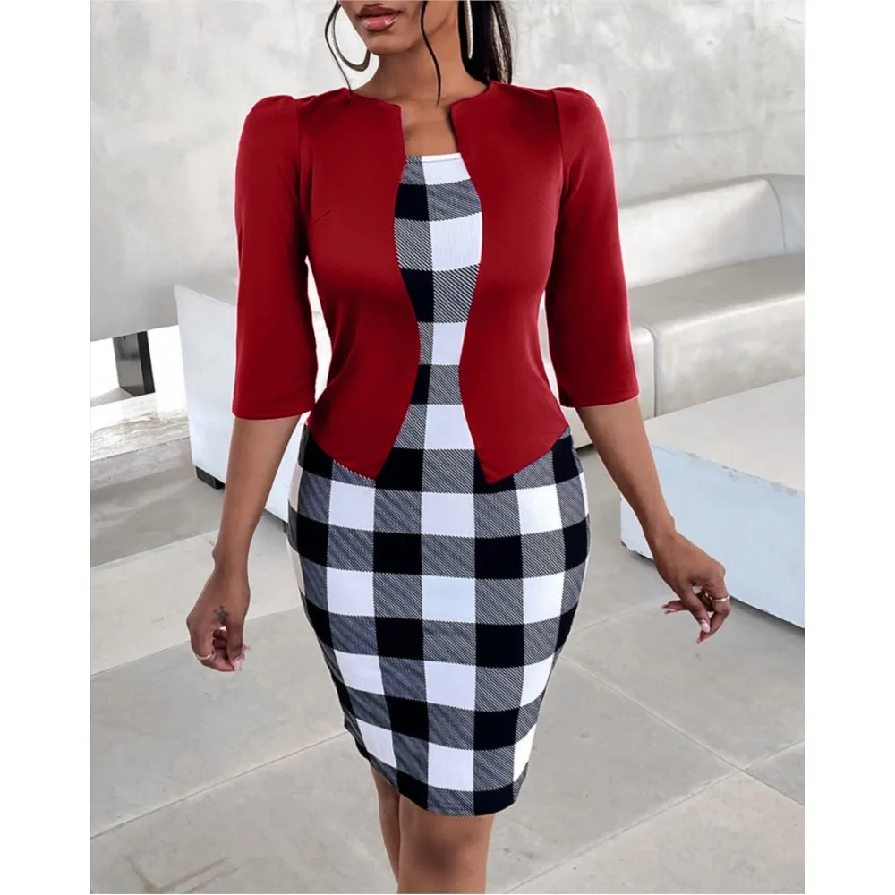 2024 Spring New Fake Two Piece Dress Women Fashion Street Trendy Half Open Collar Bag Hip Midi Office Ladies Elegant Dress Robe