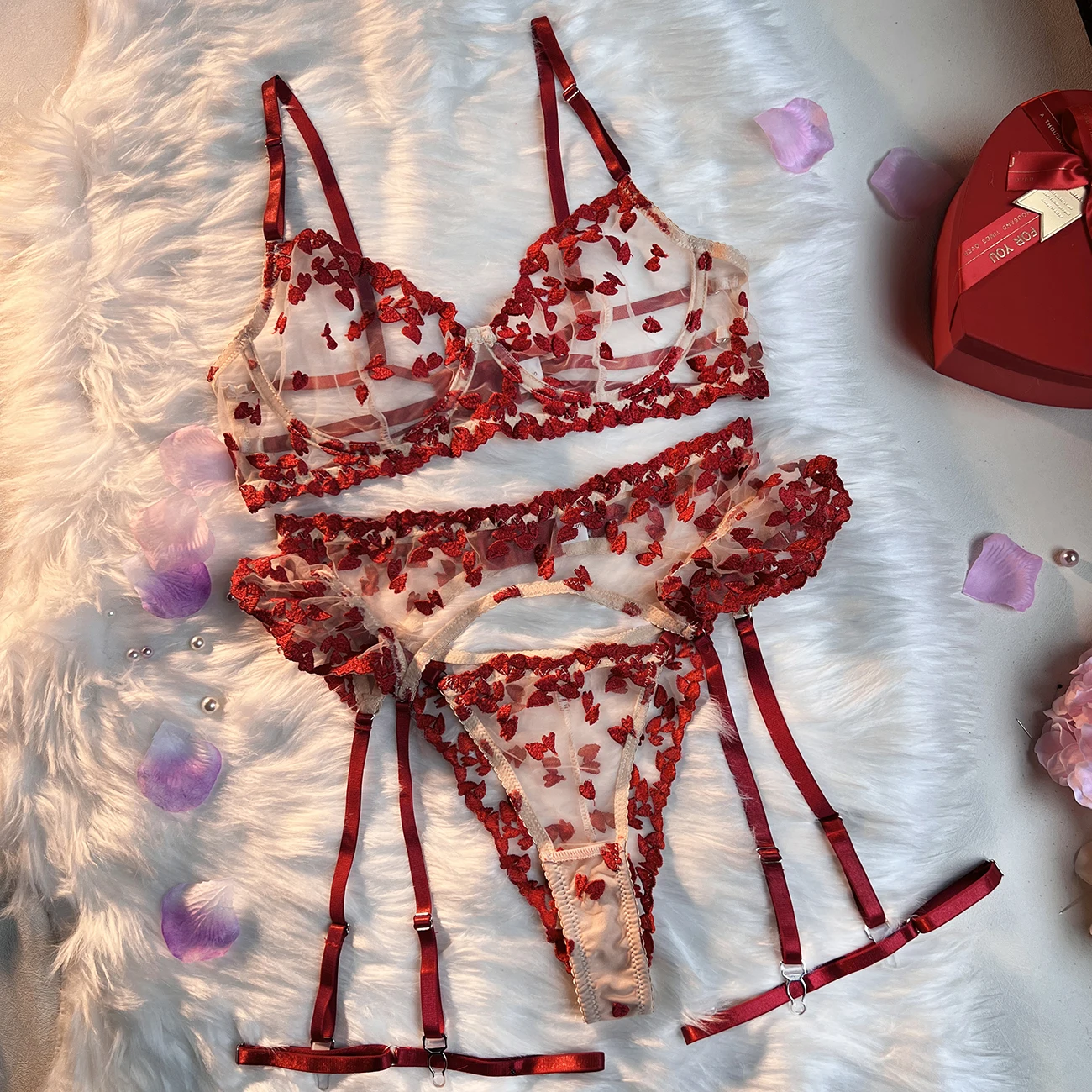 thumbnail image 1 of Ellolace-Lencería Sensual con corazón, ropa interior de lujo con bordado de encaje transparente, 4 piezas, con volantes, Sissy Intim Goods, trajes sexys delicados, 1 of 5