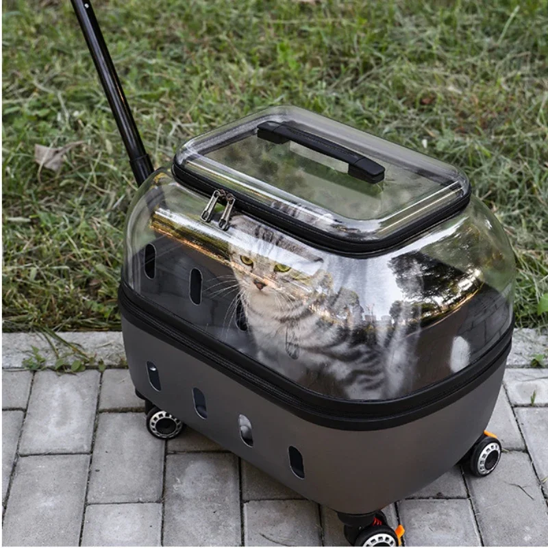 Fashion Transparent Cat Cage Large Capacity Pet Suitcase Breathable Cat Carriers Pull Rod/Handheld Dual Use Transport Cart