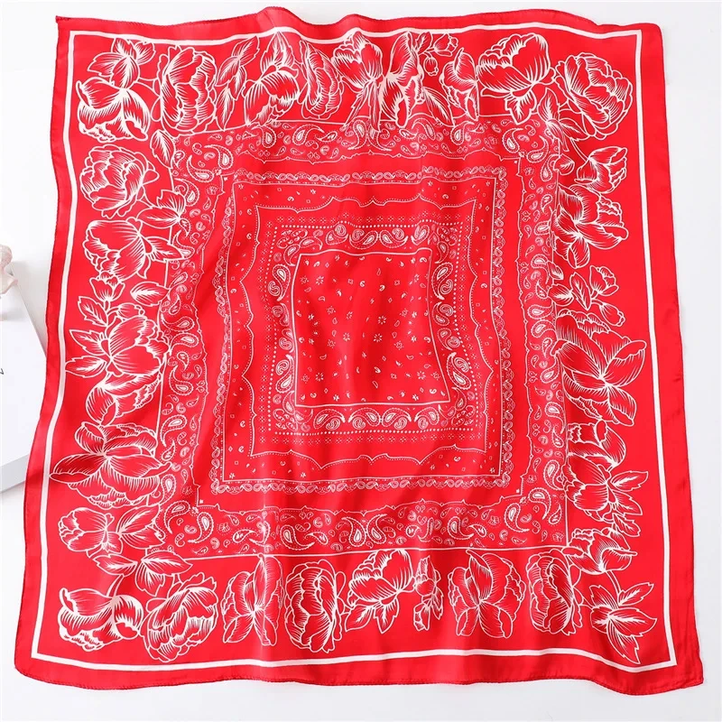 Luxus Blumen druck quadratischen Seiden schal für Frauen Hijab Haar bänder 70cm Halstuch weibliche Satin Schal Band Stirnband – Detail 12