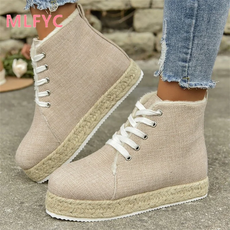 Retro Shoes Women Winter New Thick Sole Solid Color Fashion Casual High Top Single Shoes Ladies Round Toe Simple Flat Sole Boots
