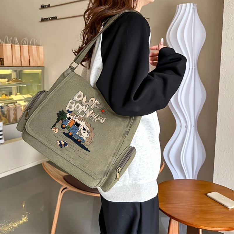 Casual Men's Shoulder Bag Crossbody Bag Canvas Laptop Bag Large Capacity Messenger Bag Playful Cartoon Print
