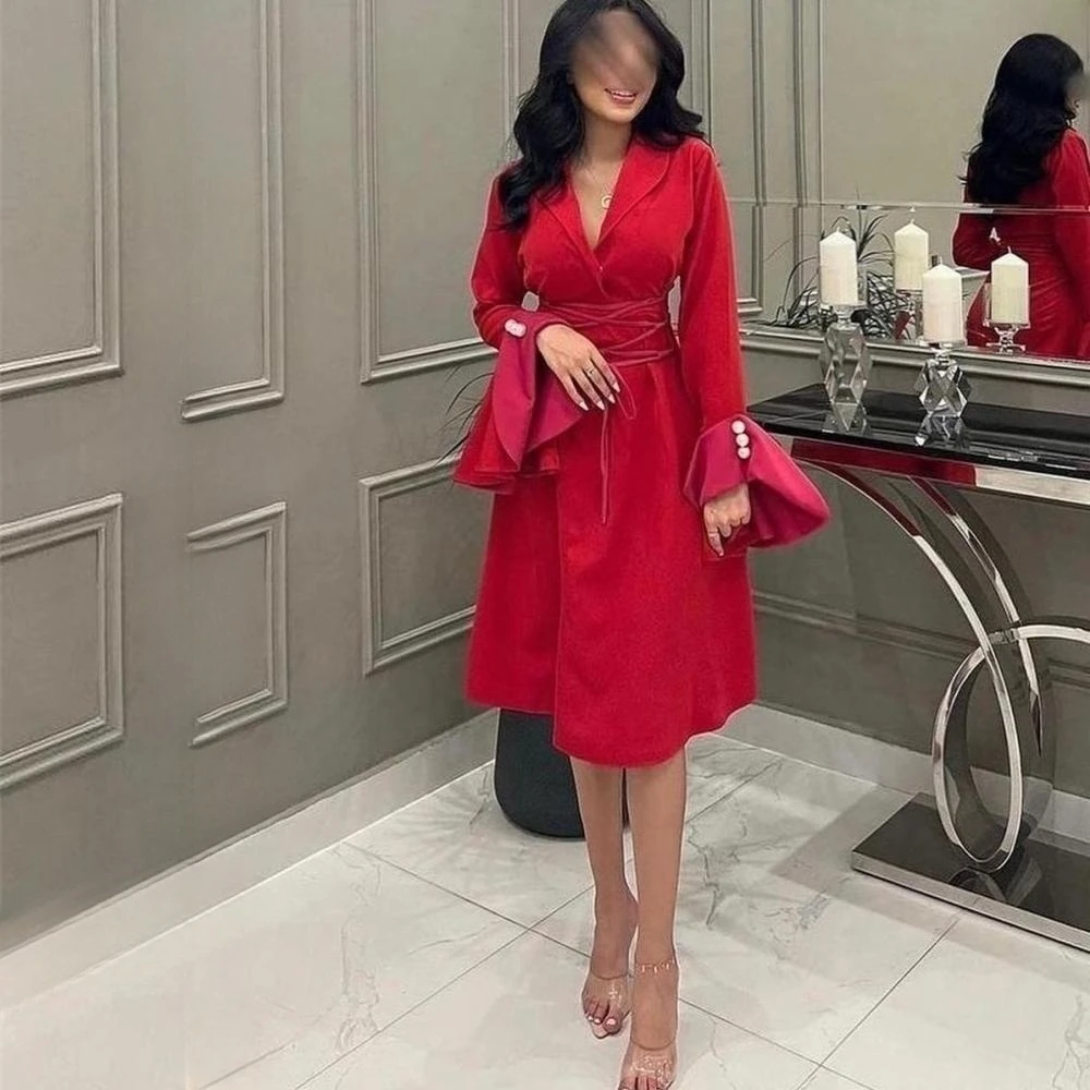 

Prom Dress Fashion V Neck A-line Party Dresses Knee Length Long Sleeve Flare Taffeta Formal Evening Gowns 이브닝파티드레스 カクテルドレス
