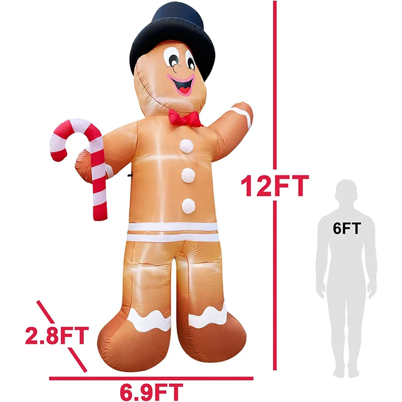 12 Foot Giant Christmas Inflatable Gingerbread Man Outdoor Christmas Decoration with Candy Cane LED Lights Yard Home Party Decor 4