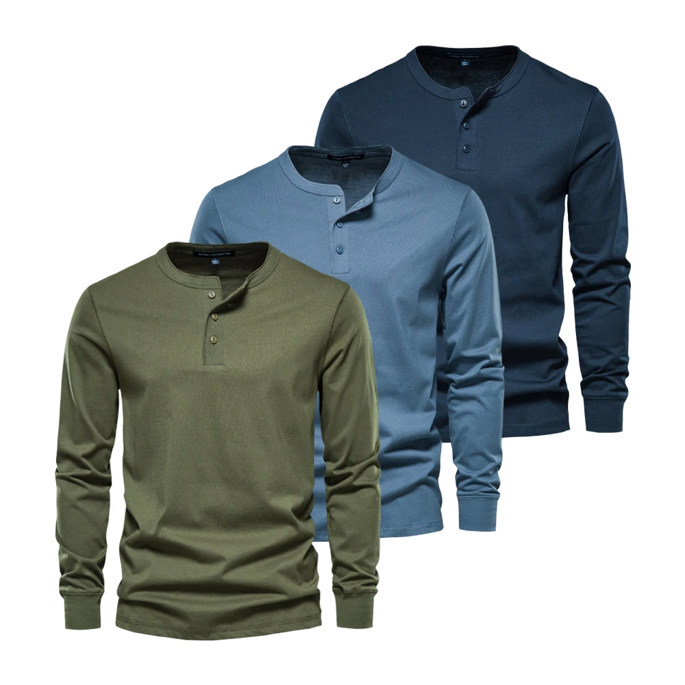 

BabYoung 3PCS Sets 100% Cotton Henley Collar For Men Solid Color Long Sleeve Male T-Shirt Autumn Fashion Casual Man Tops