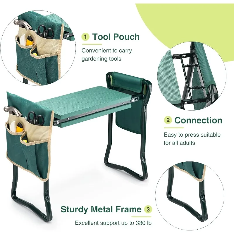 Garden Kneeler and Seat Heavy Duty Gardening Bench with 2 Tool Pouches EVA Foam Pad Foldable Stool To Prevent Knee & Back Pain