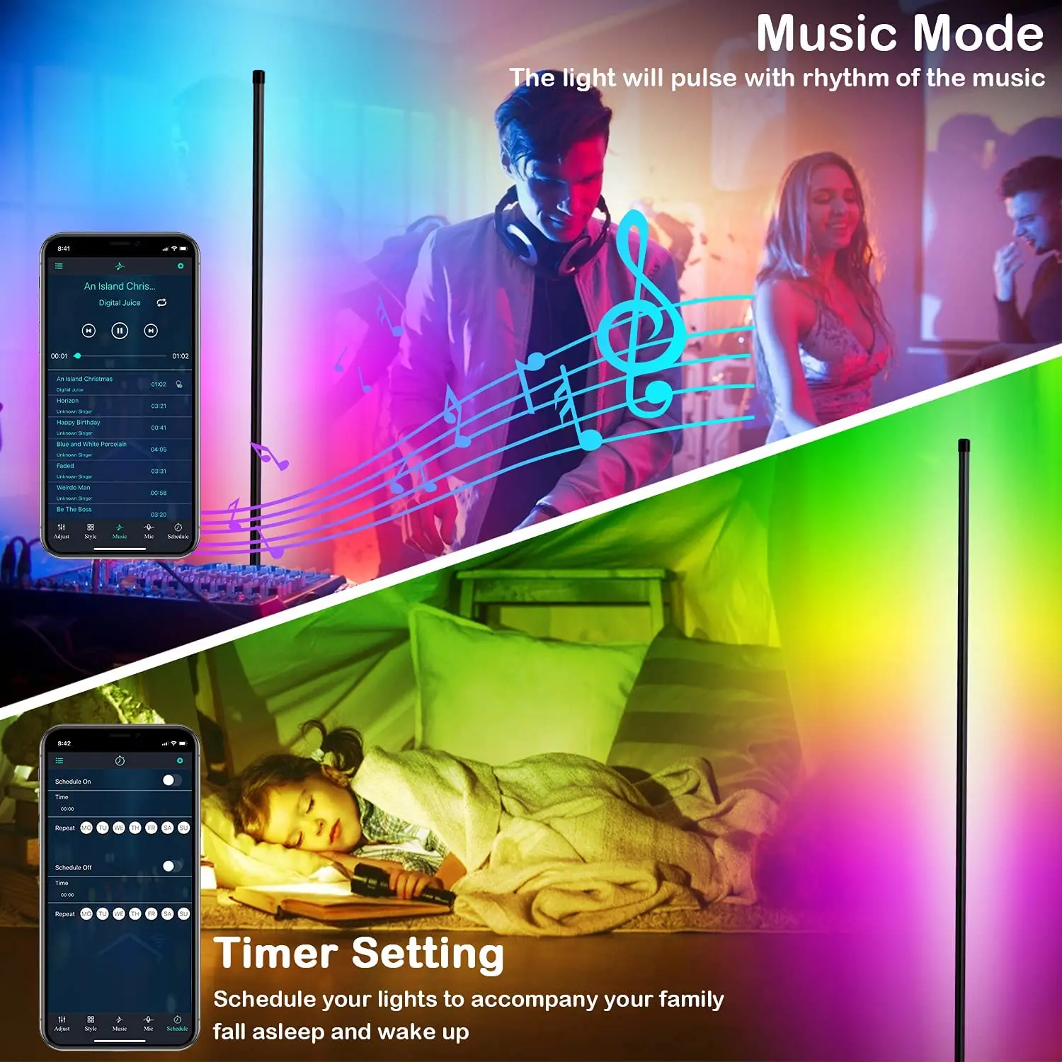 MIWATT Lampada da terra a LED per soggiorno, 140 cm, RGB dimmerabile, con telecomando e app, 16 milioni di colori, modalità musica, modalità fai da te e funzione temporizzazione per camera da